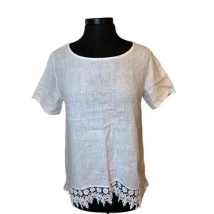 100% Linen Terzo Millennio Italian White Crochet Lace Embellished Top Tee